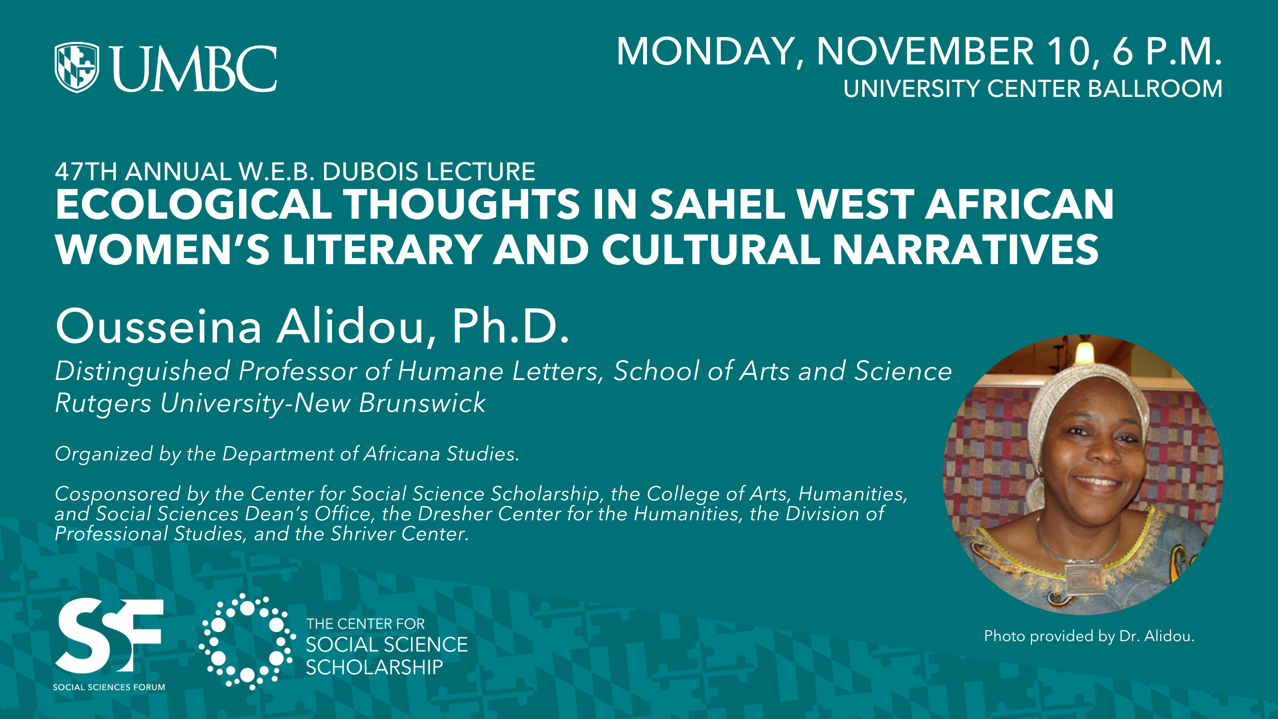 teal graphic slide with details of event included in text of this post with photo of speaker